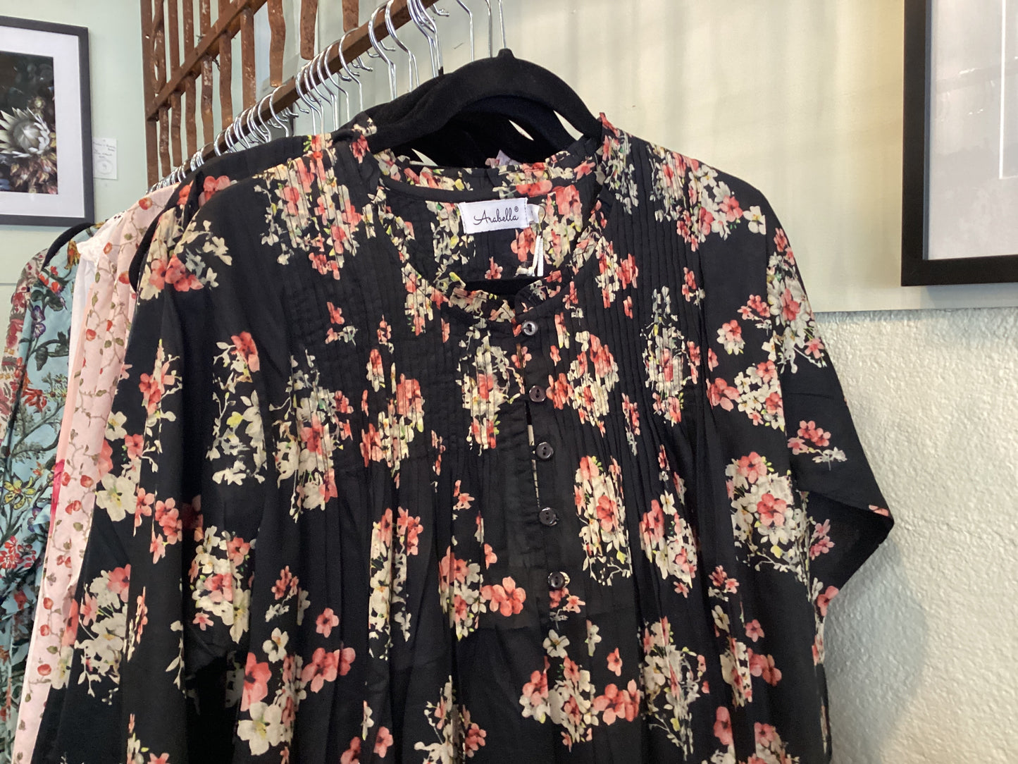 Arabella Long Sleeve Nightie - black with cream & pink flowers