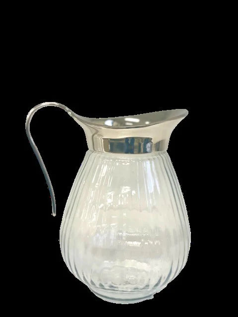 Ribbed Round Glass Jug with stainless steel handle and rim - Large