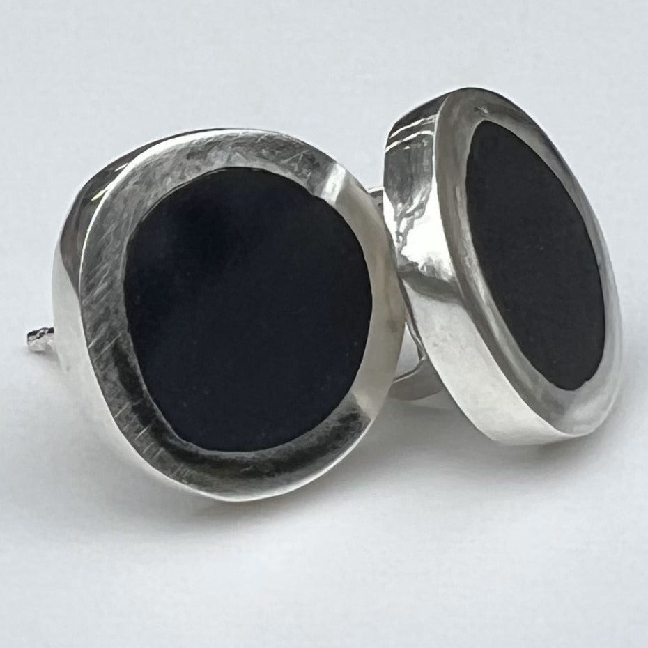 Christine Battocchio Opaque Black Resin and Silver Stud Earrings