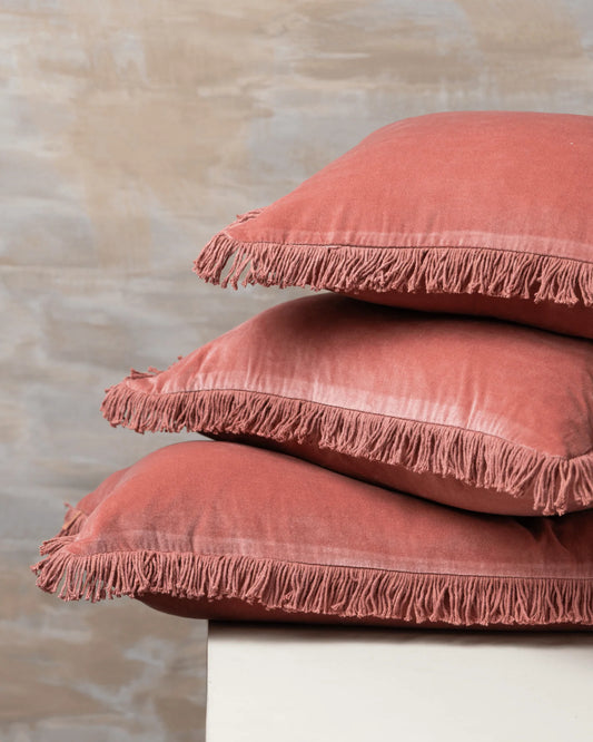 Saarde Velvet Lumbar Cushion with fringing - Guava
