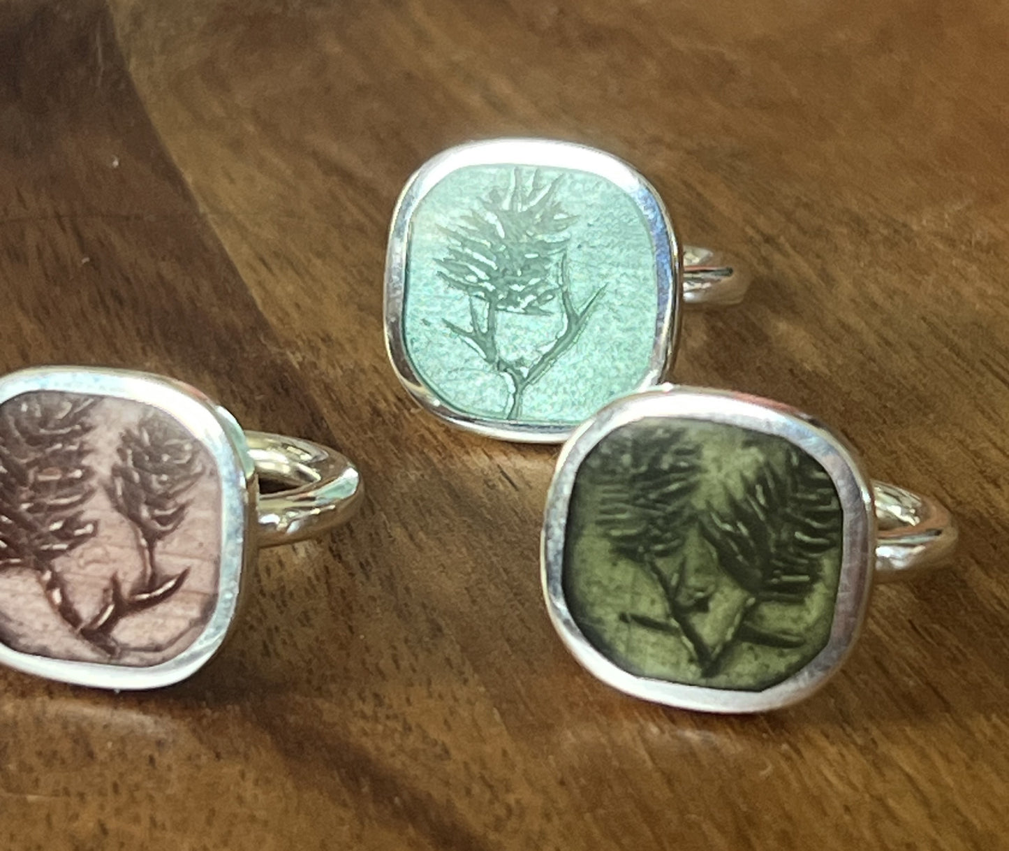 Christine Battocchio Olive Green resin and silver Botanical ring