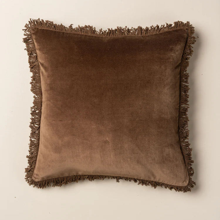 Saarde Velvet Square Cushion with fringing - Chocolate