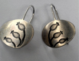 Oval Botanical Print Silver Drop Earrings by Christine Battocchio