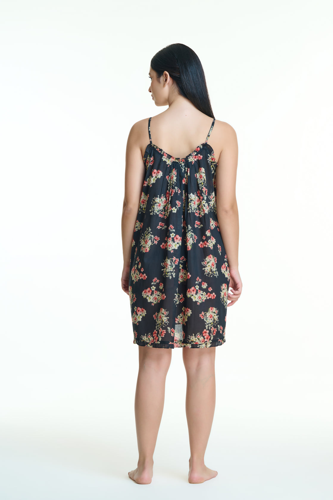 Arabella short dress  - black with cream & pink flowers