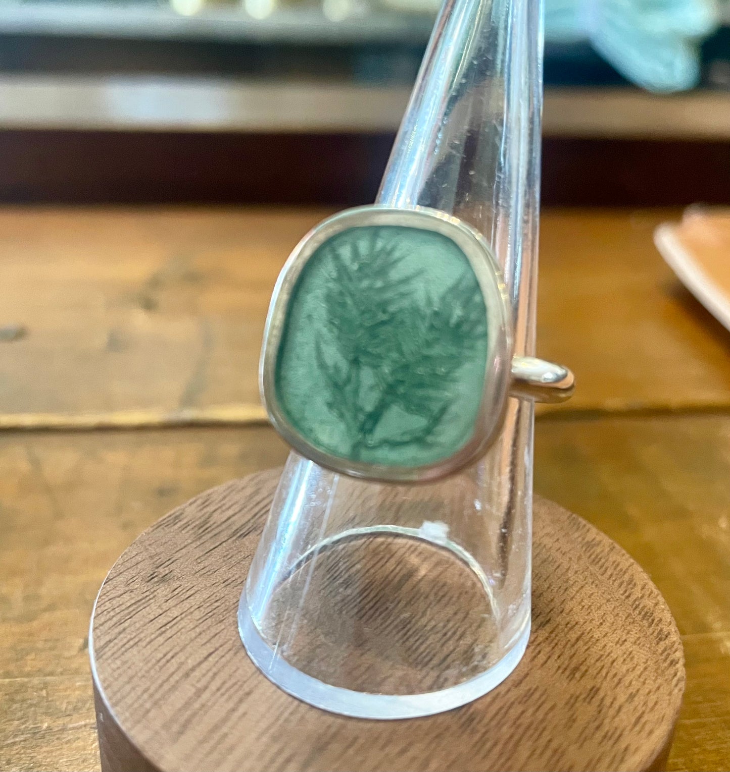 Christine Battocchio Pale Green Resin and Silver Ring botanical