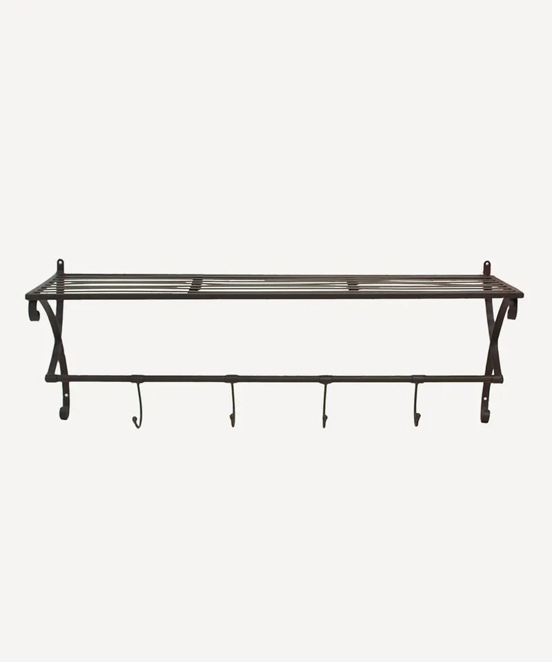 Metal wall shelf with 4 iron hooks