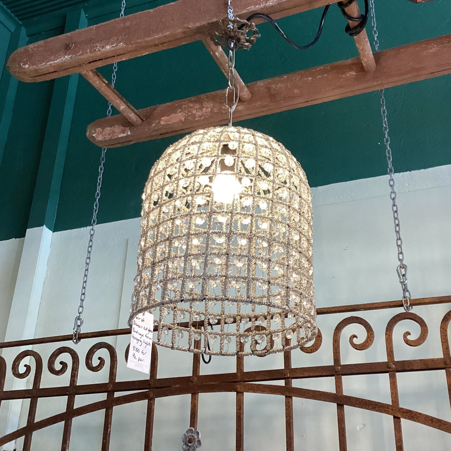 Brass & Cut Glass birdcage form hanging lights - PAIR