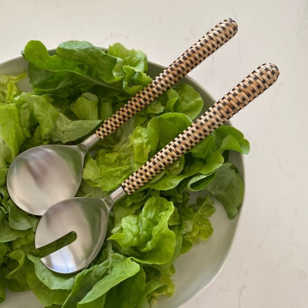 Salad Servers - Stainless Silver with wicker Handles - 3 varieties