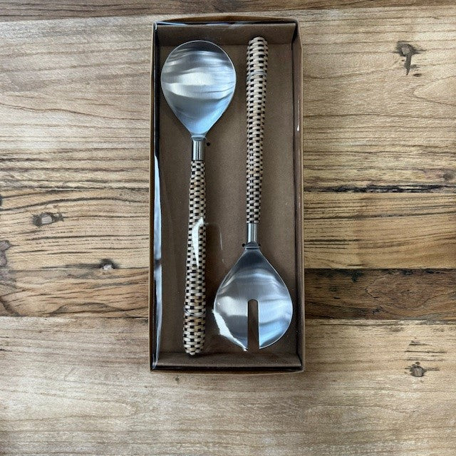 Salad Servers - Stainless Silver with wicker Handles - 3 varieties