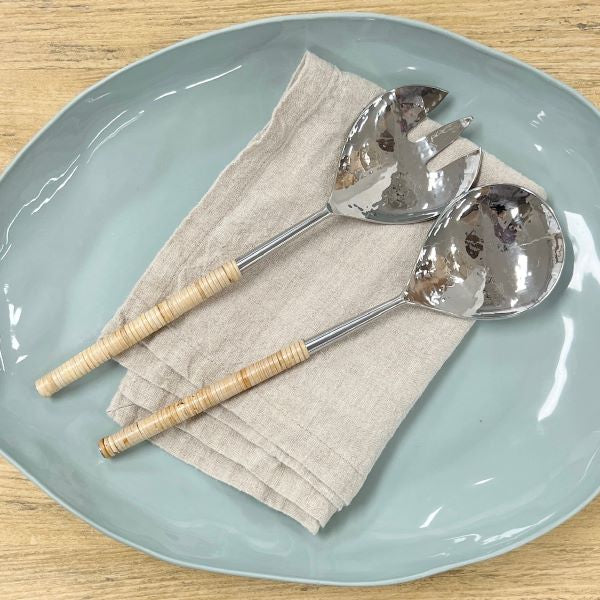 Salad Servers - Stainless Silver with wicker Handles - 3 varieties
