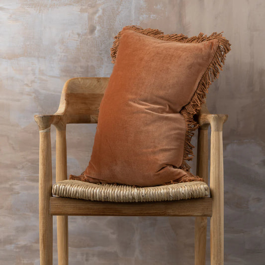 Saarde Velvet Lumbar Cushion with fringing - Terracotta