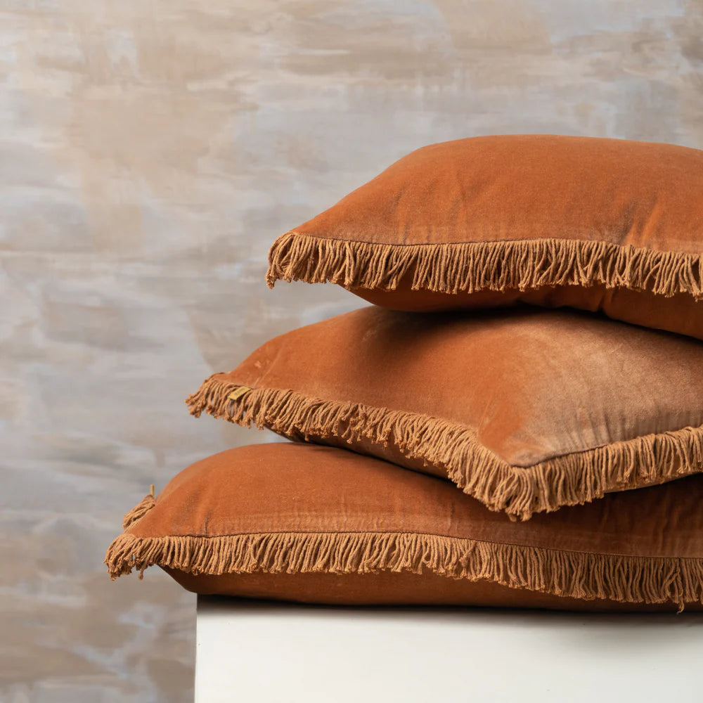 Saarde Velvet Lumbar Cushion with fringing - Terracotta