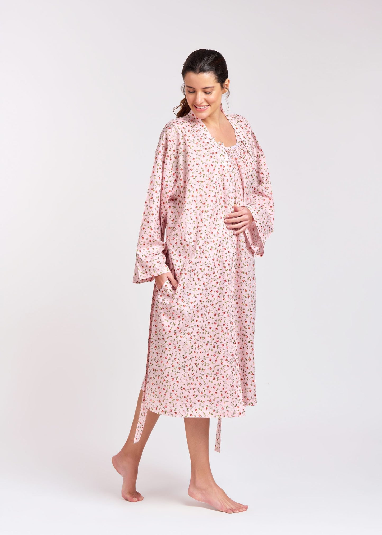 Arabella Long Sleeve Nightie - Soft Pink with Rose Buds