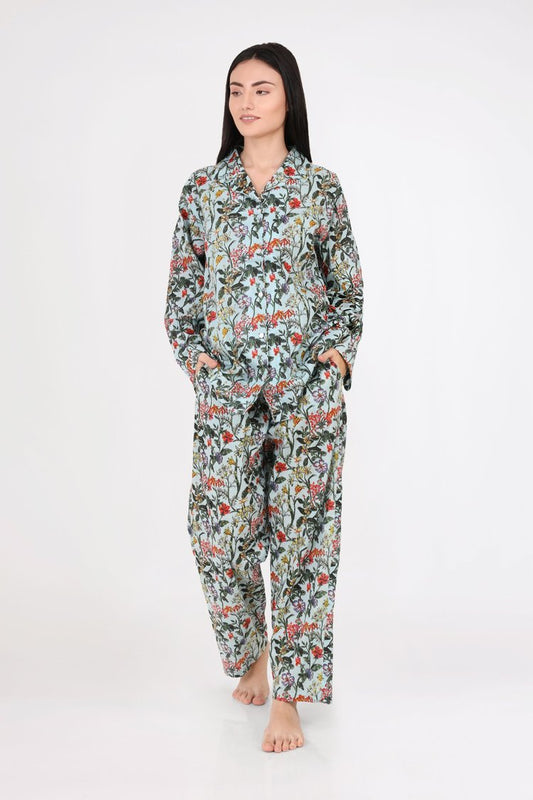 Arabella Long Sleeve Pyjama set - Light Mint with Red Flowers