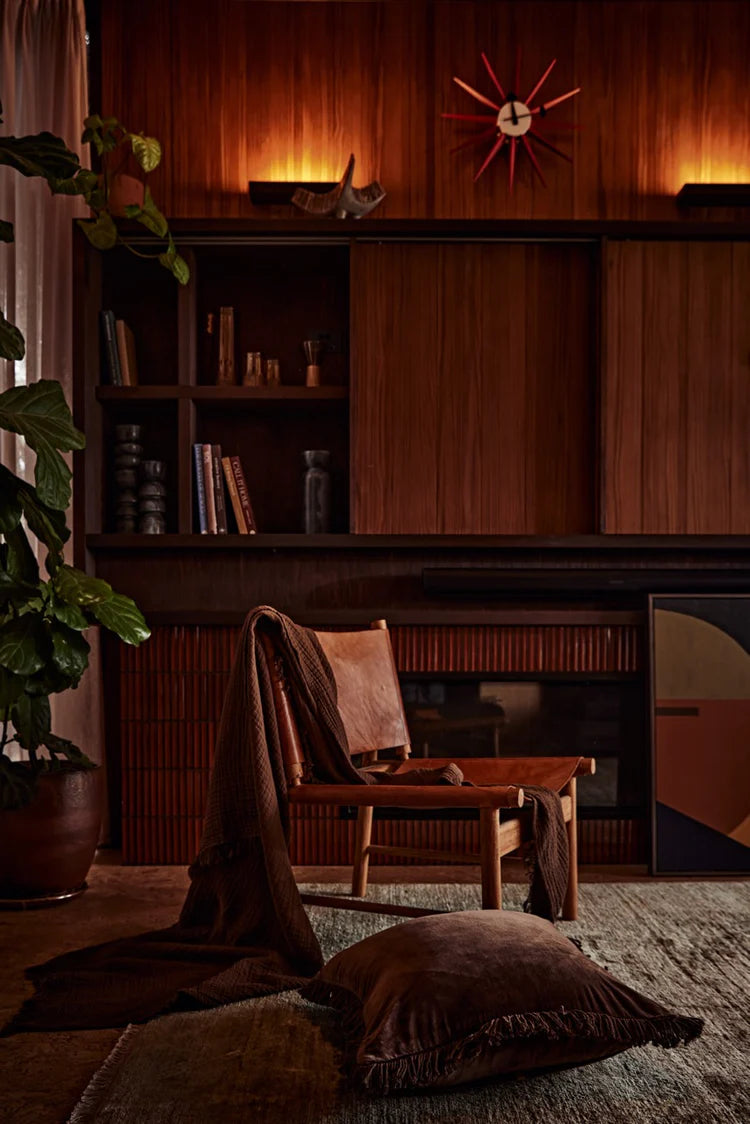 Saarde Velvet Square Cushion with fringing - Chocolate