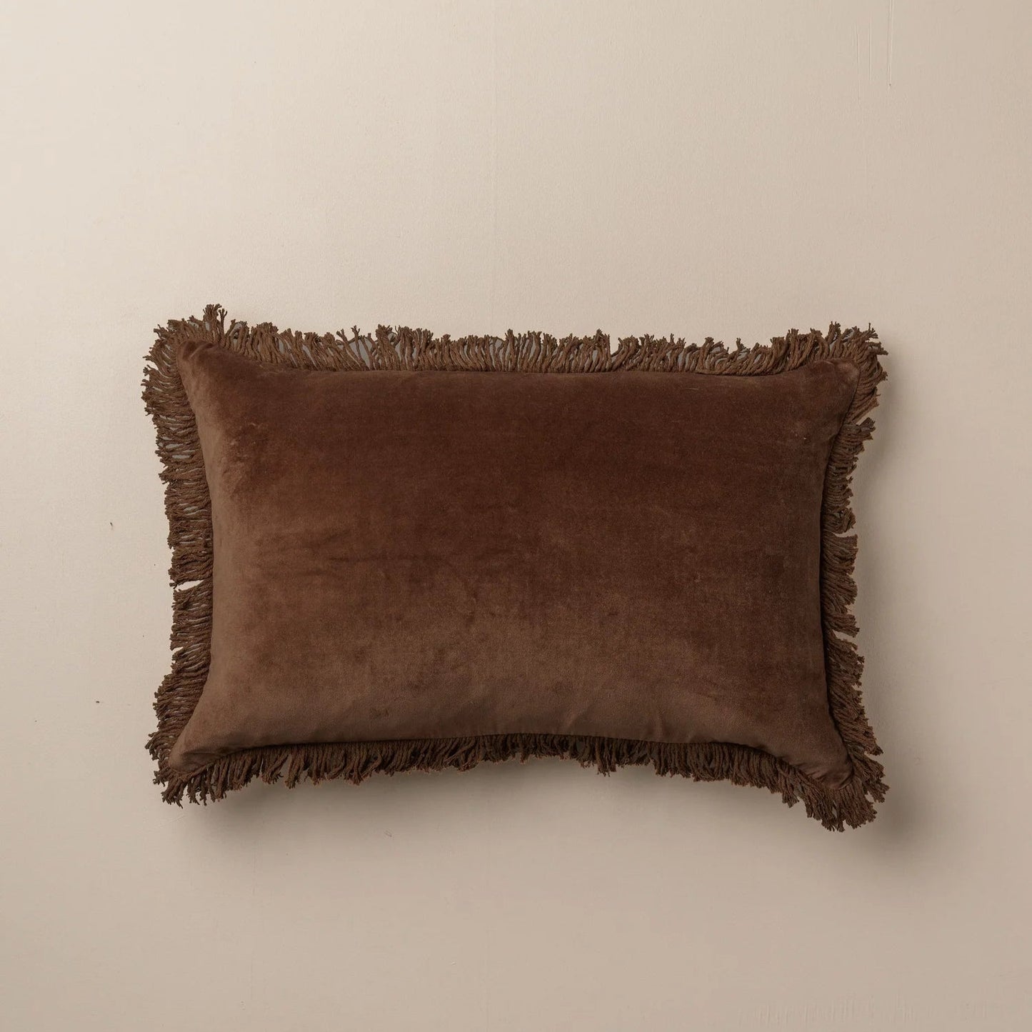 Saarde Velvet Lumbar Cushion with fringing - Chocolate