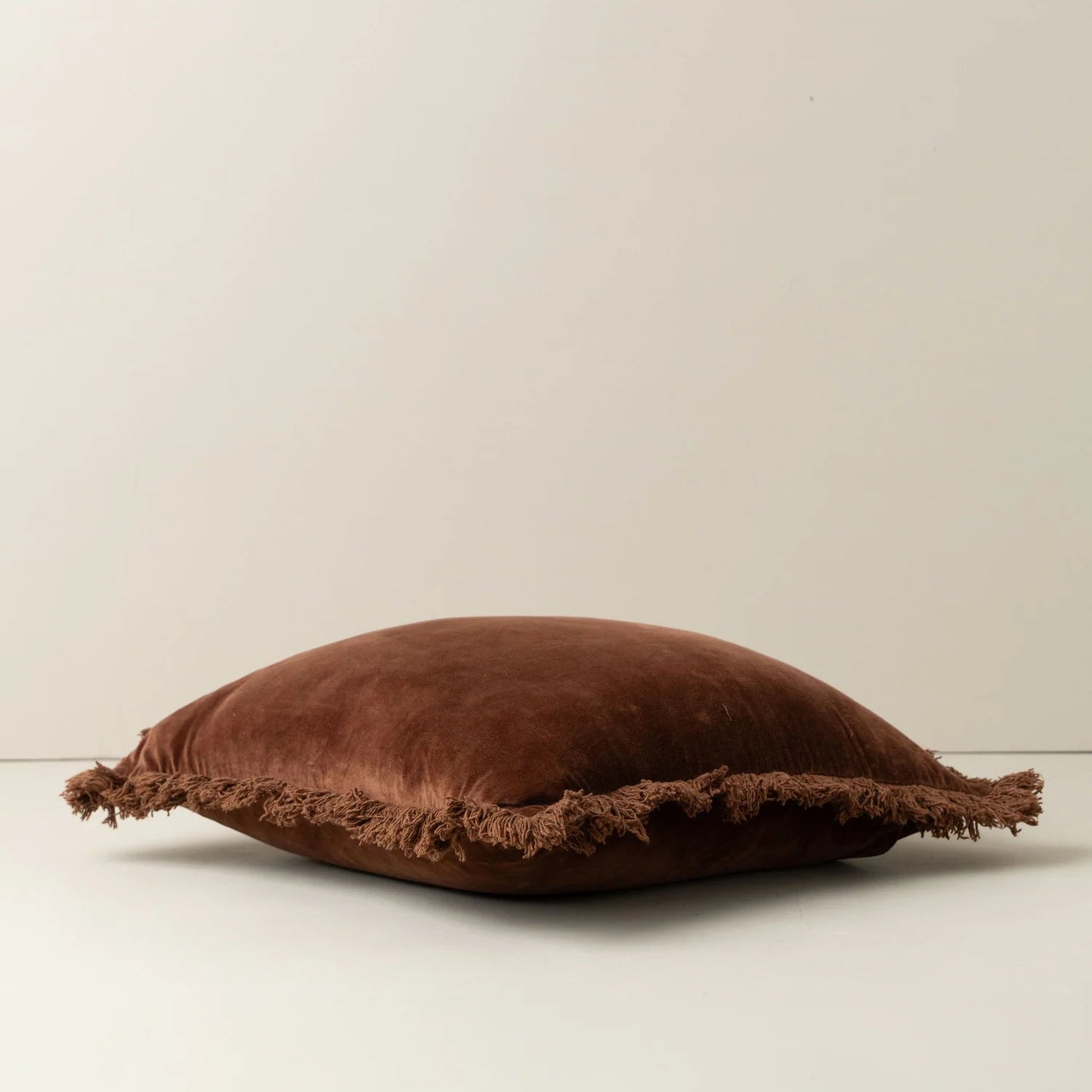 Saarde Velvet Square Cushion with fringing - Chocolate
