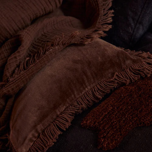 Saarde Velvet Lumbar Cushion with fringing - Chocolate