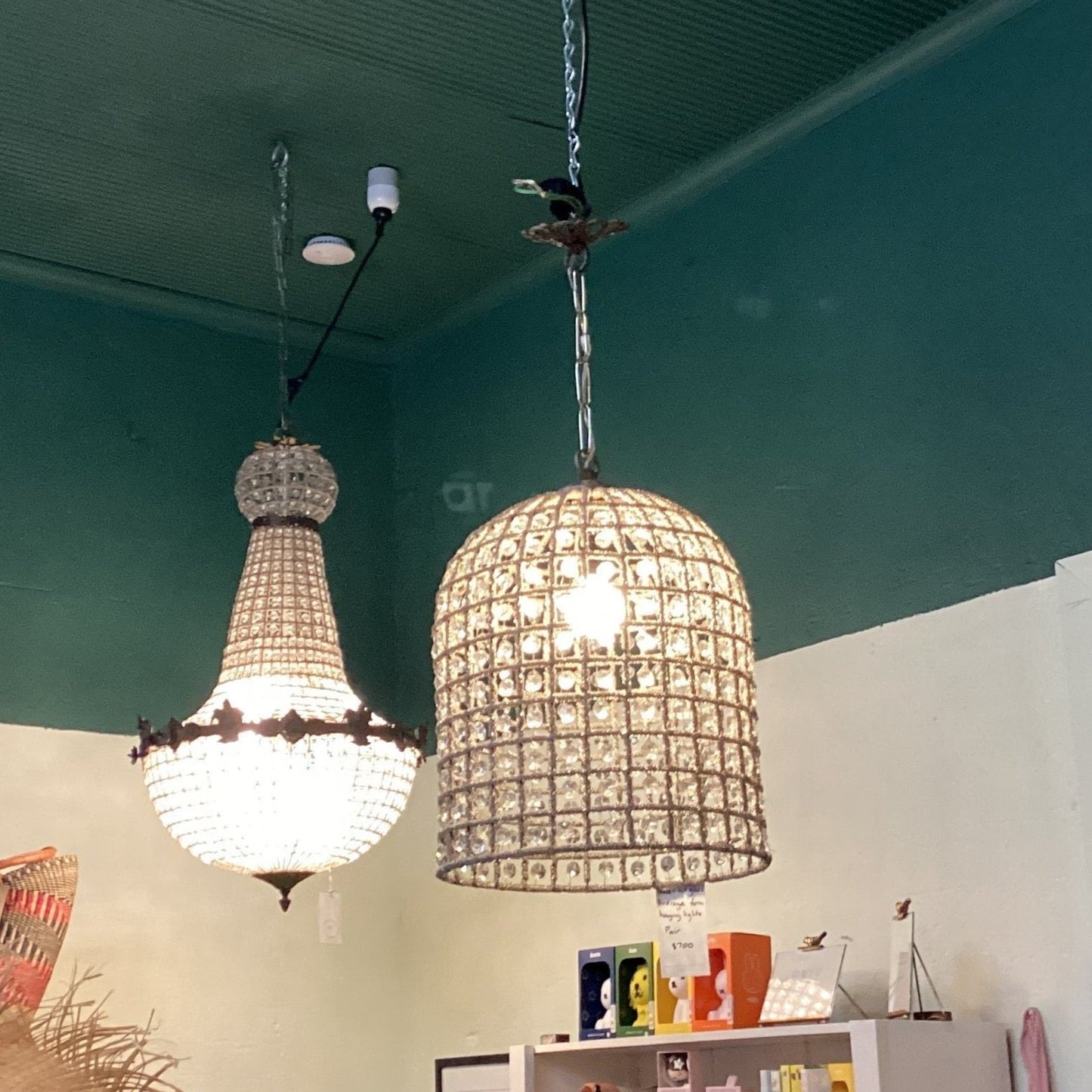 Brass & Cut Glass birdcage form hanging lights - PAIR