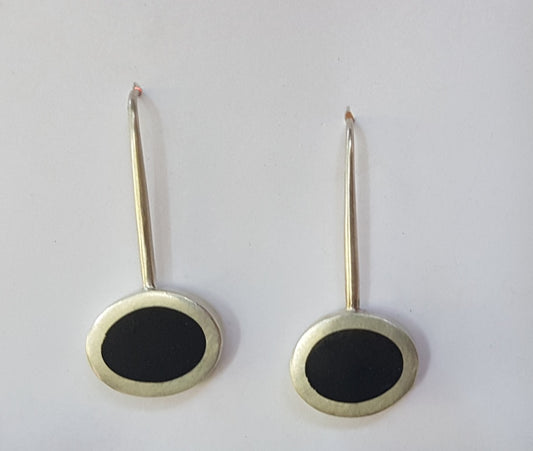 Opaque Black Resin and Silver Drop Earrings