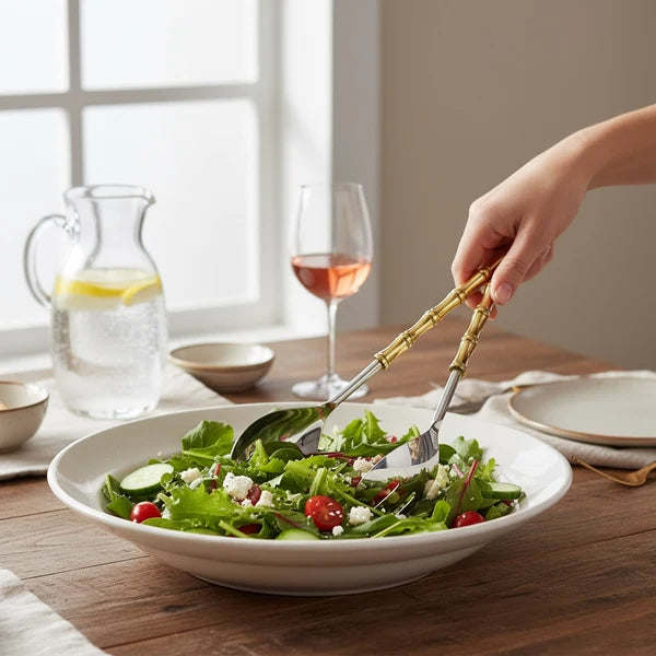 Salad servers with gold bamboo handles