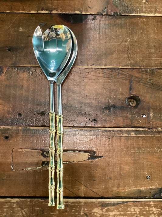 Salad servers with gold bamboo handles