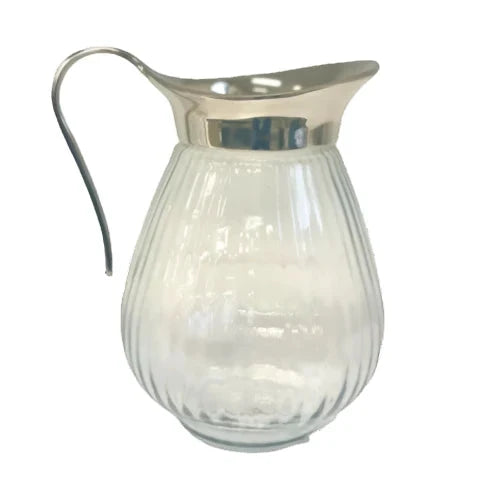 Ribbed Round Glass Jug with stainless steel handle and rim - Large