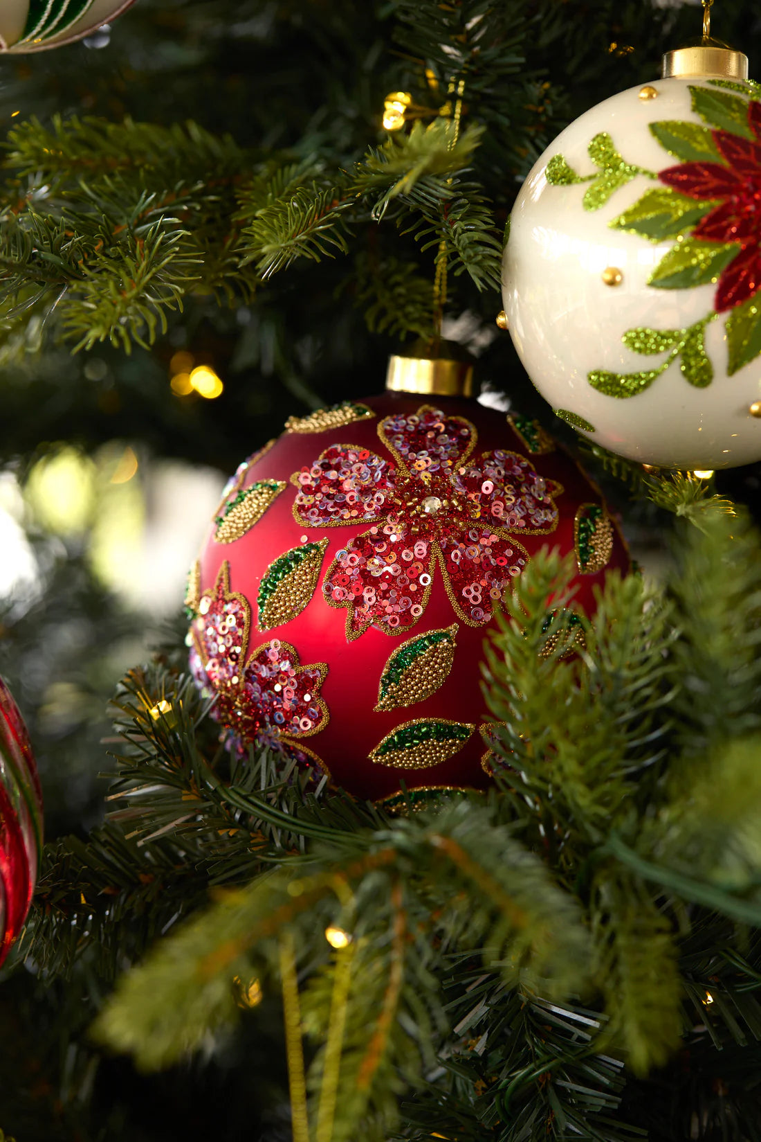 Matte Beaded Poinsettia Round Bauble