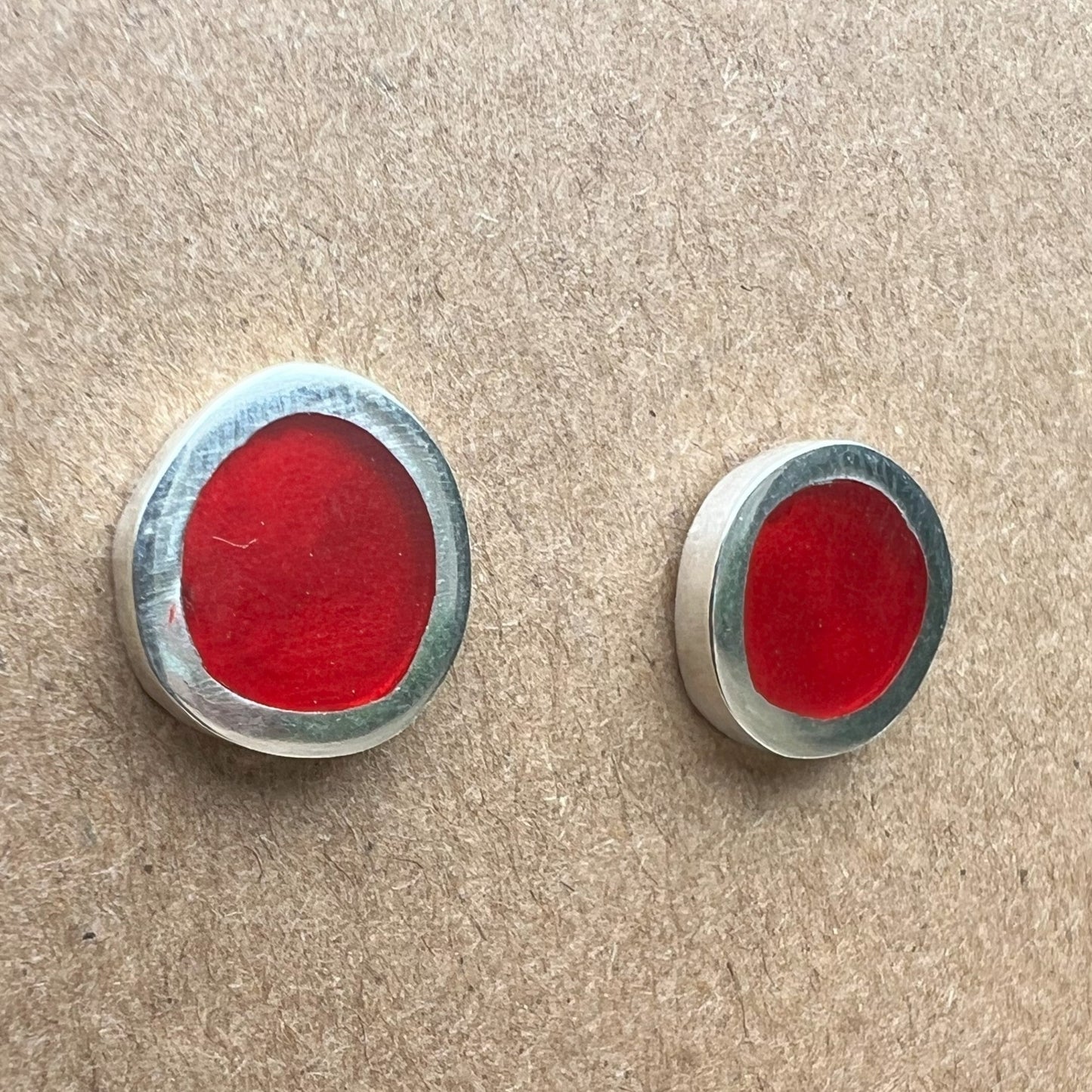 Translucent Red Resin and Silver Stud Earrings