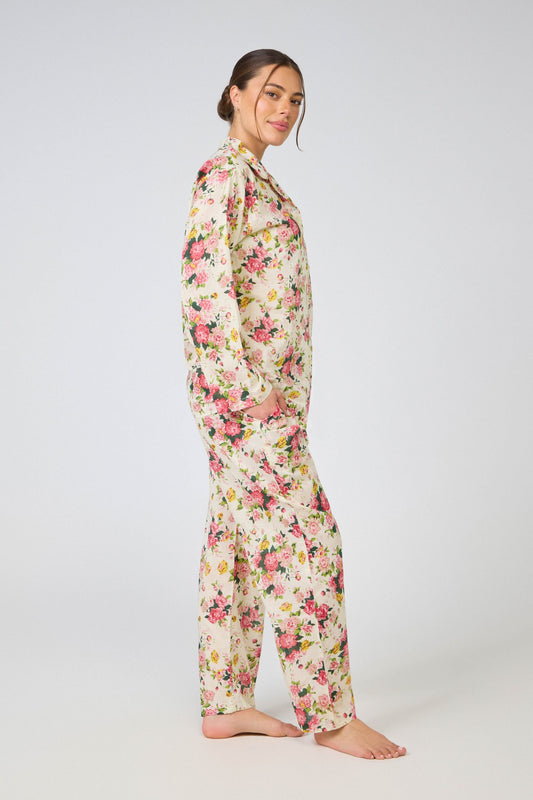 Arabella Long Sleeve Pyjama set - Cream with pick flowers