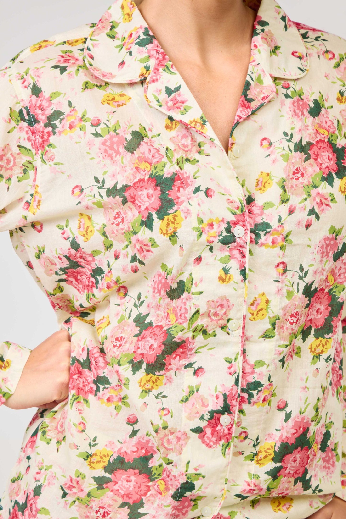 Arabella Long Sleeve Pyjama set - Cream with pick flowers