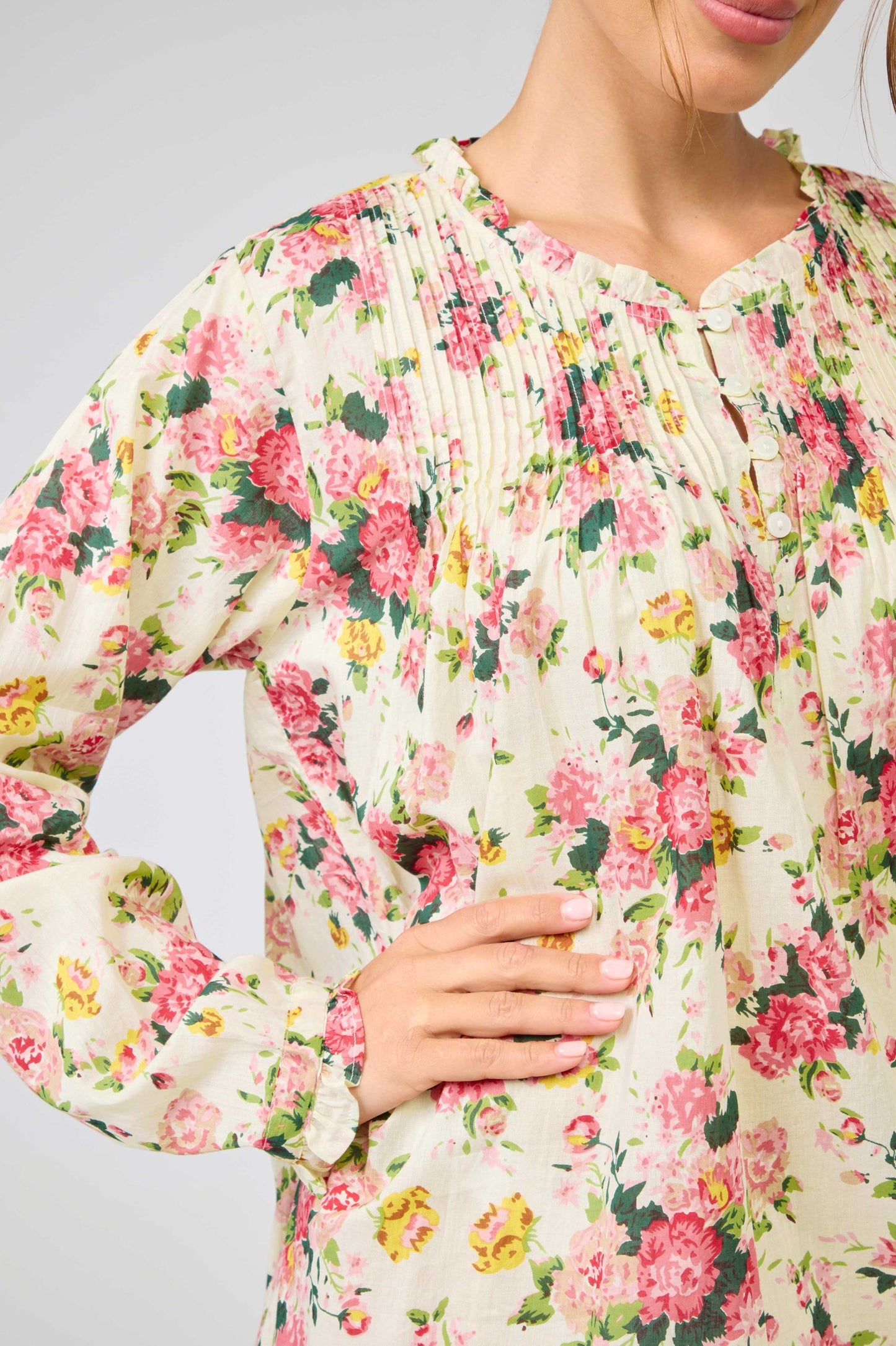 Arabella Long Sleeve Nightie - Cream with pink flowers