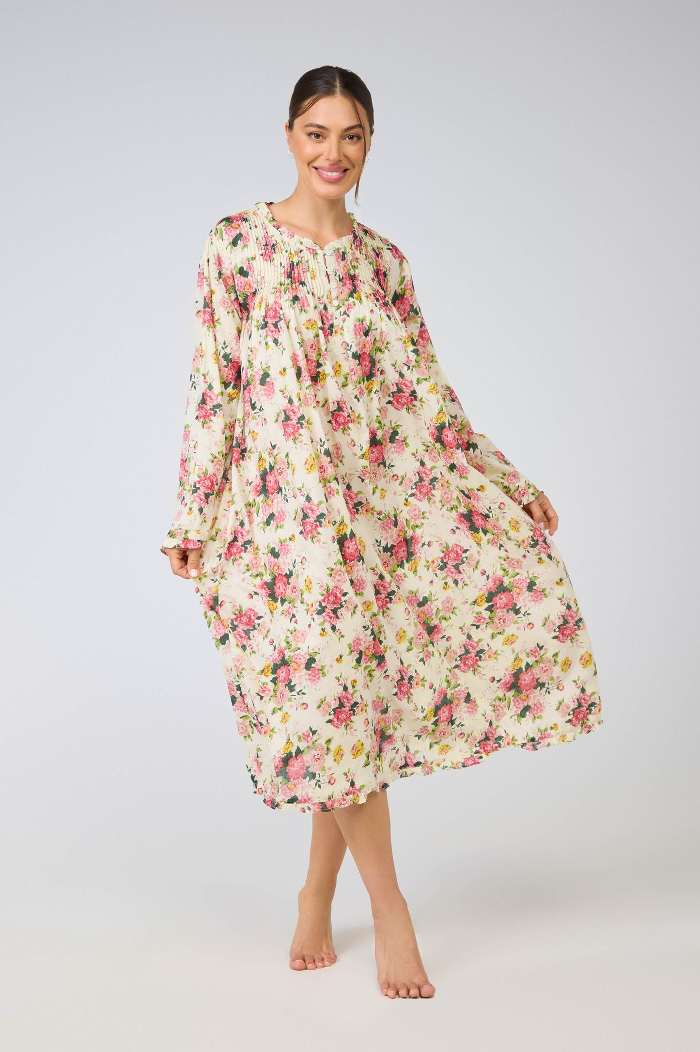 Arabella Long Sleeve Nightie - Cream with pink flowers