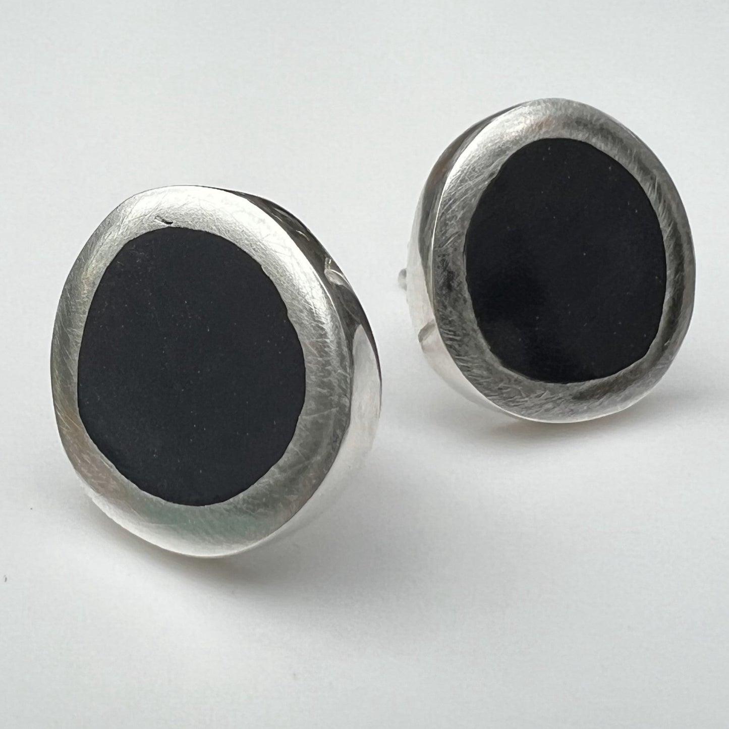 Opaque Black Resin and Silver Stud Earrings