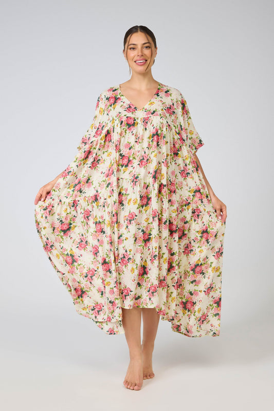 Arabella Free Size Dress - Cream with pink flowers