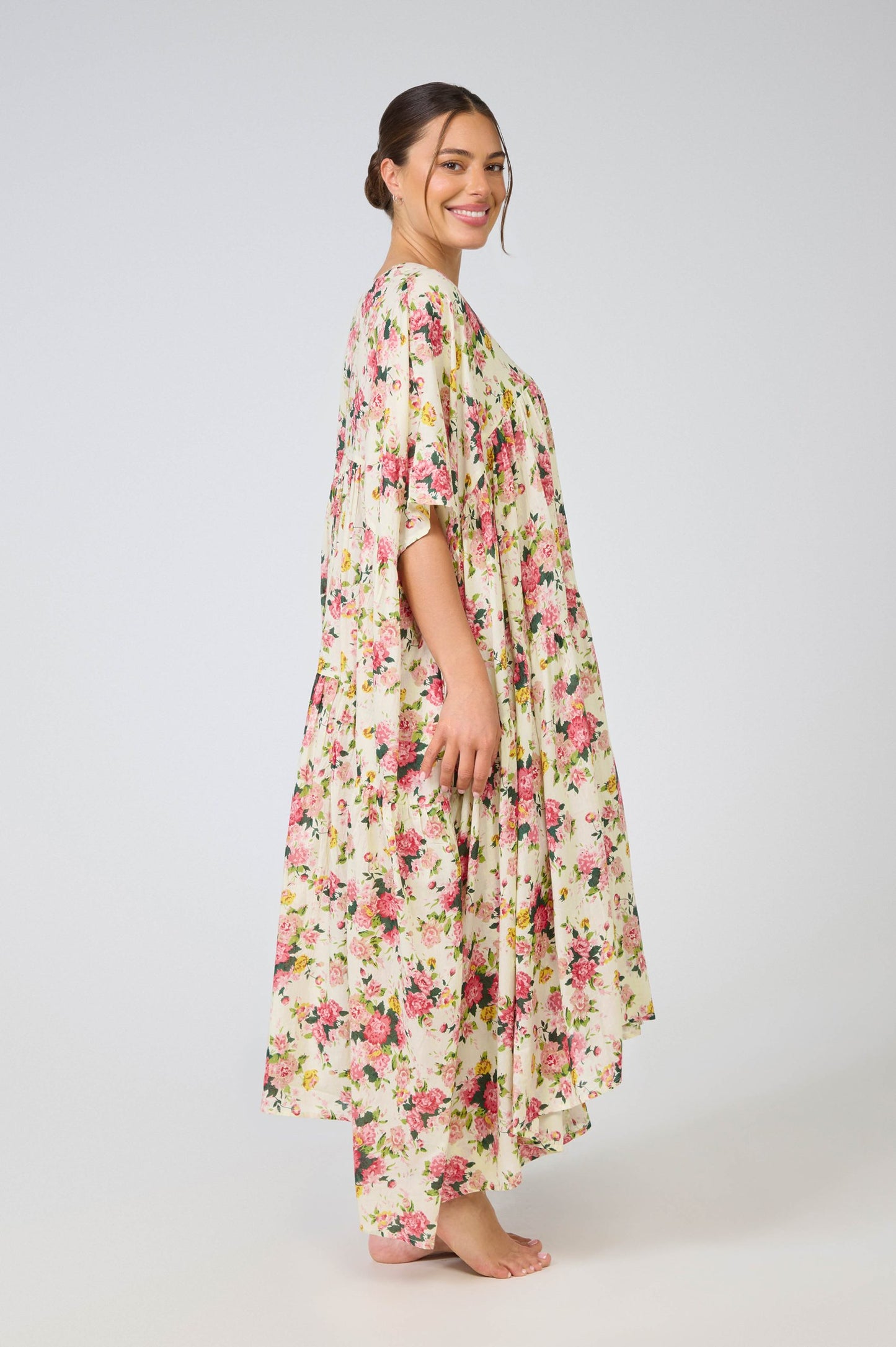 Arabella Free Size Dress - Cream with pink flowers