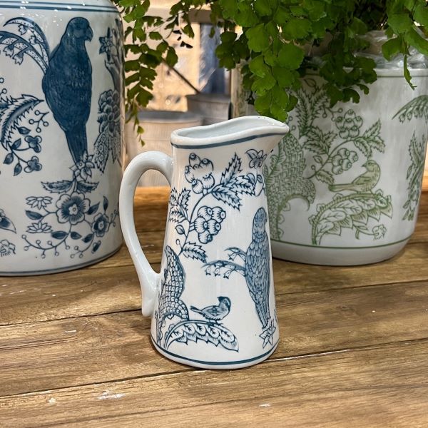 White Ceramic Jug with blue bird decoration - 15cm