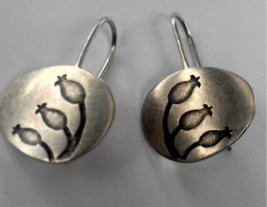 Oval Botanical Print Silver Drop Earrings