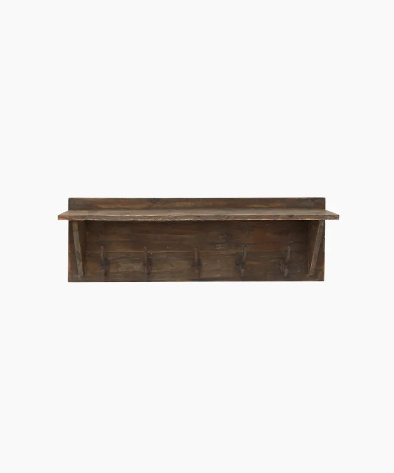 Rustic wooden wall shelf with 5 iron hooks