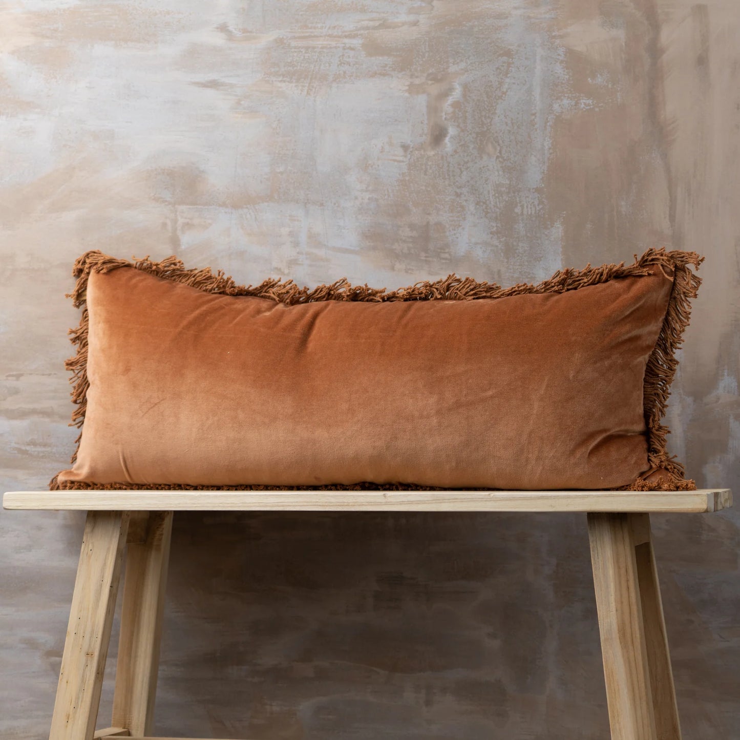 Saarde Velvet Lumbar Cushion with fringing - Terracotta