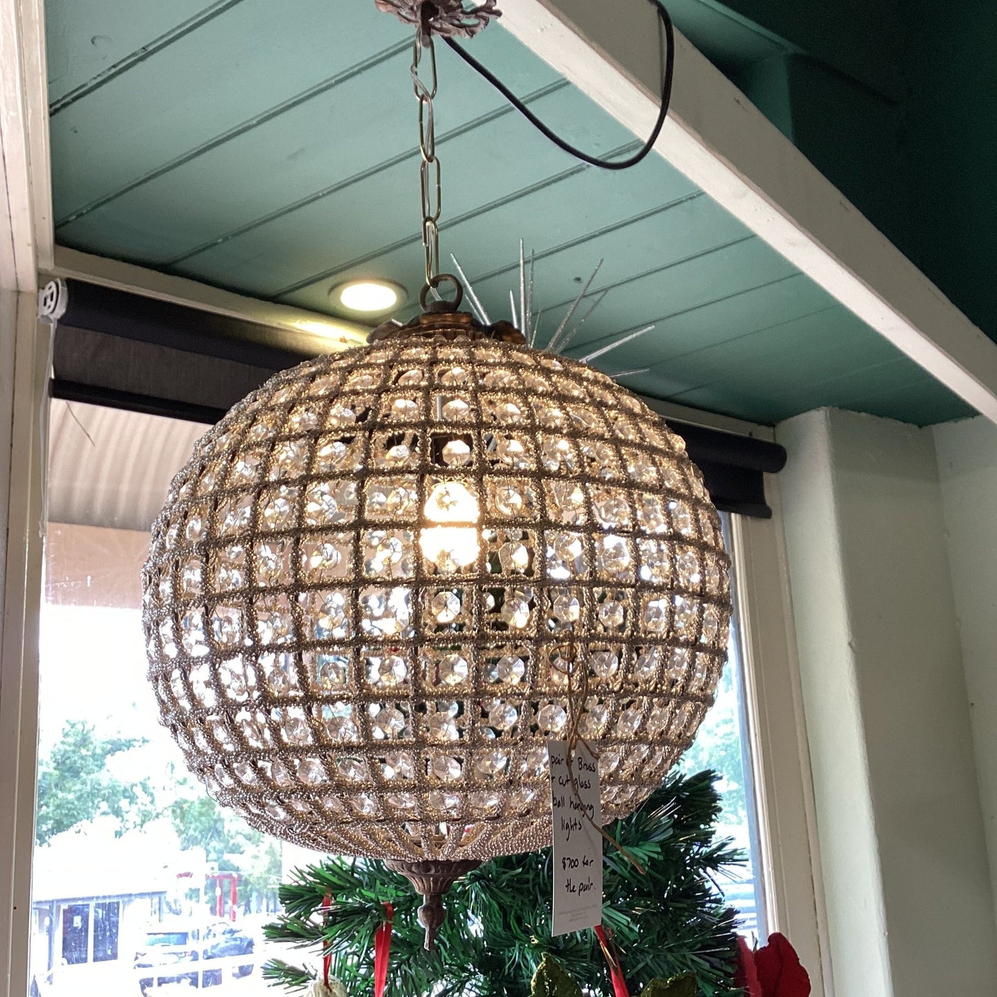 Brass & Cut Glass Ball hanging lights - PAIR