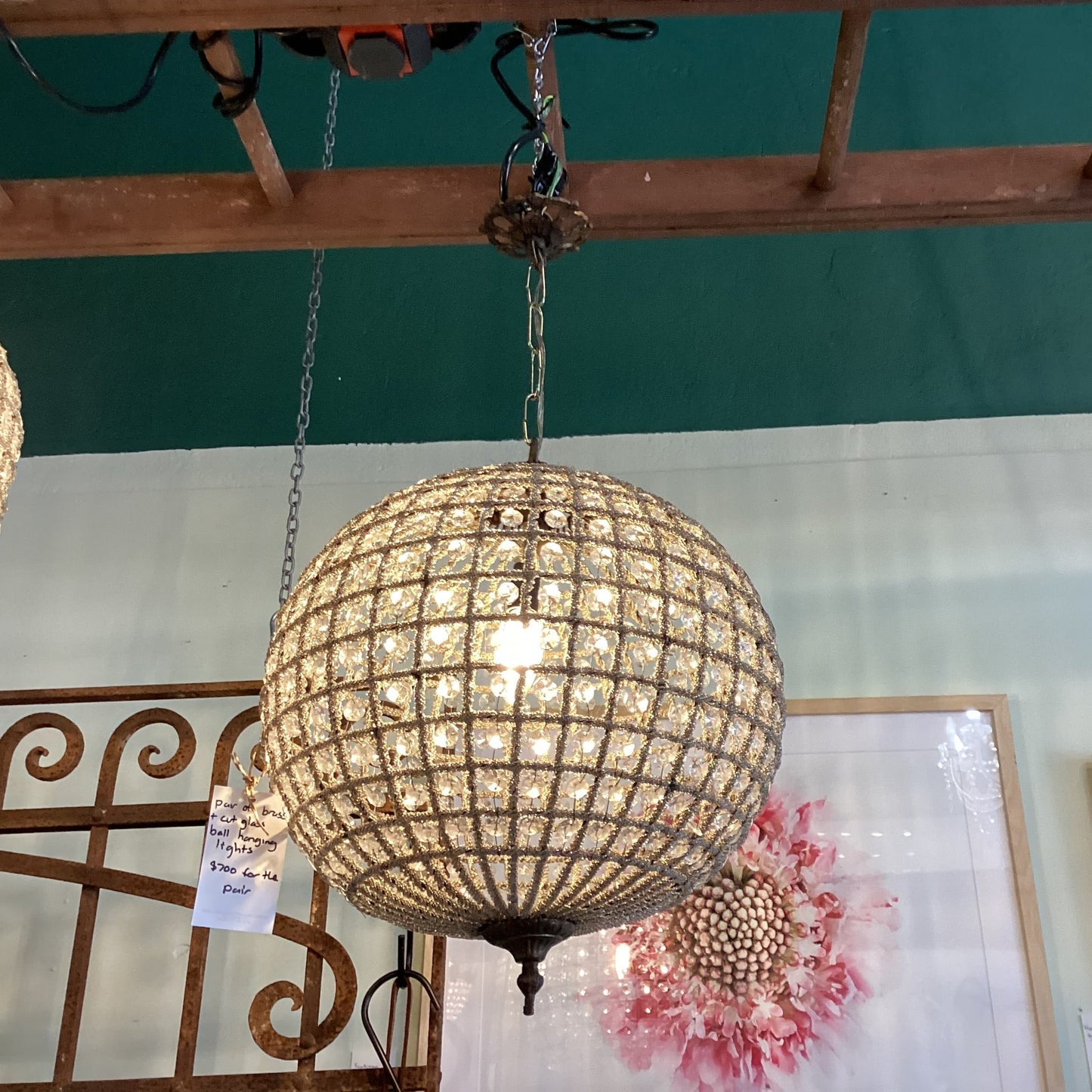 Brass & Cut Glass Ball hanging lights - PAIR