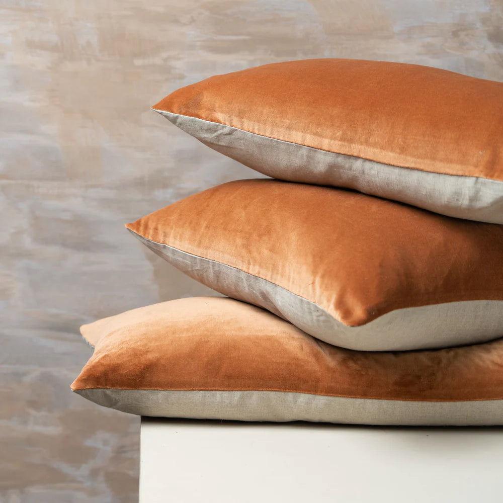Saarde Linen and Velvet Lumbar Cushion - Terracotta