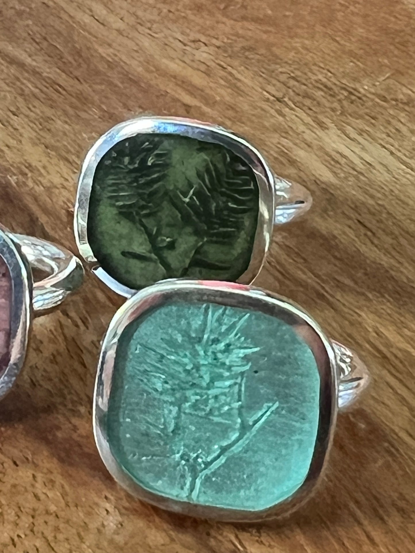 Christine Battocchio Translucent pale green resin and silver botanical ring