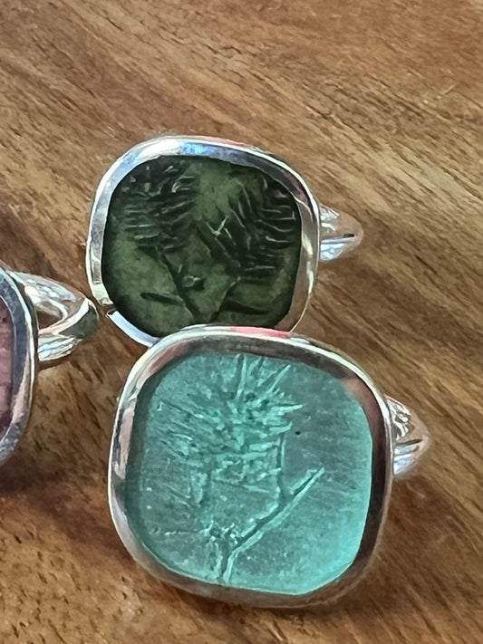 Christine Battocchio Translucent pale green resin and silver botanical ring