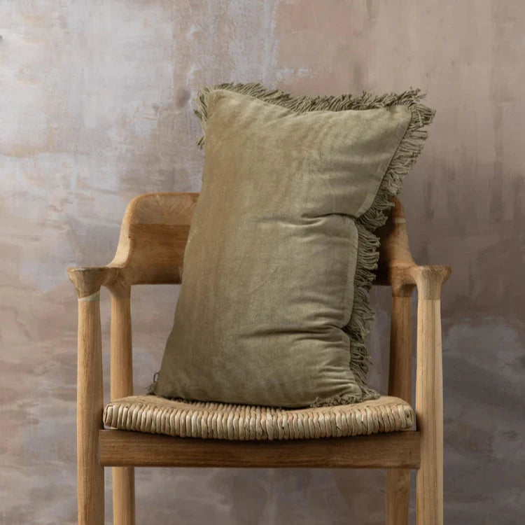 Saarde Linen and Velvet Lumbar Cushion - Olive