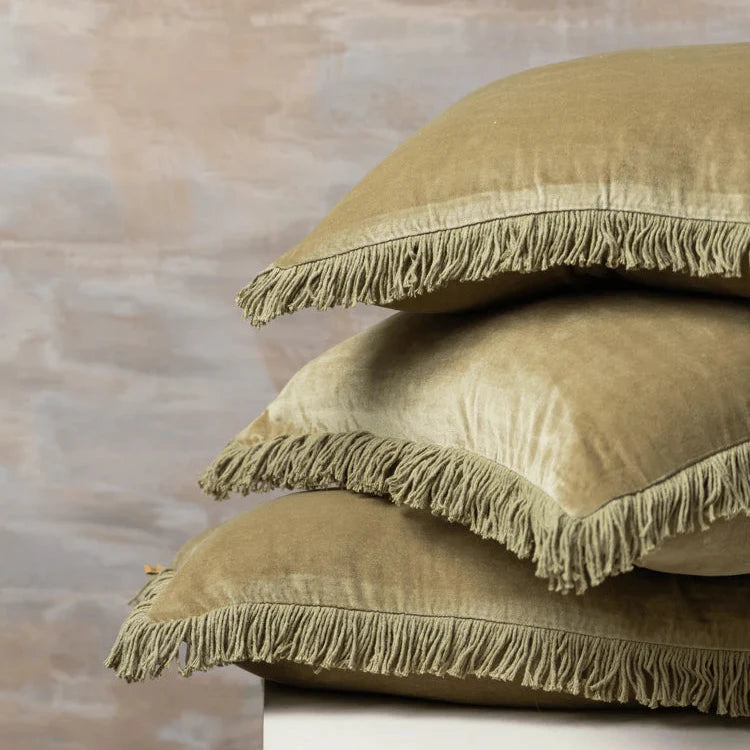 Saarde Linen and Velvet Lumbar Cushion - Olive