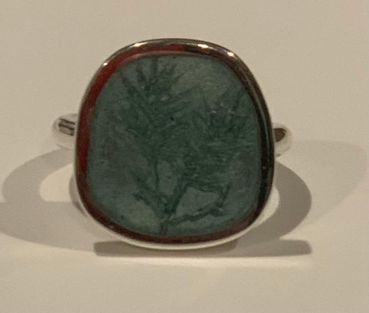 Pale Green Resin and Silver Ring (with carved image)