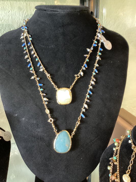 Gas Bijoux Scapilaire Serti Gold necklace with Mother of Pearl and Blue Calcite