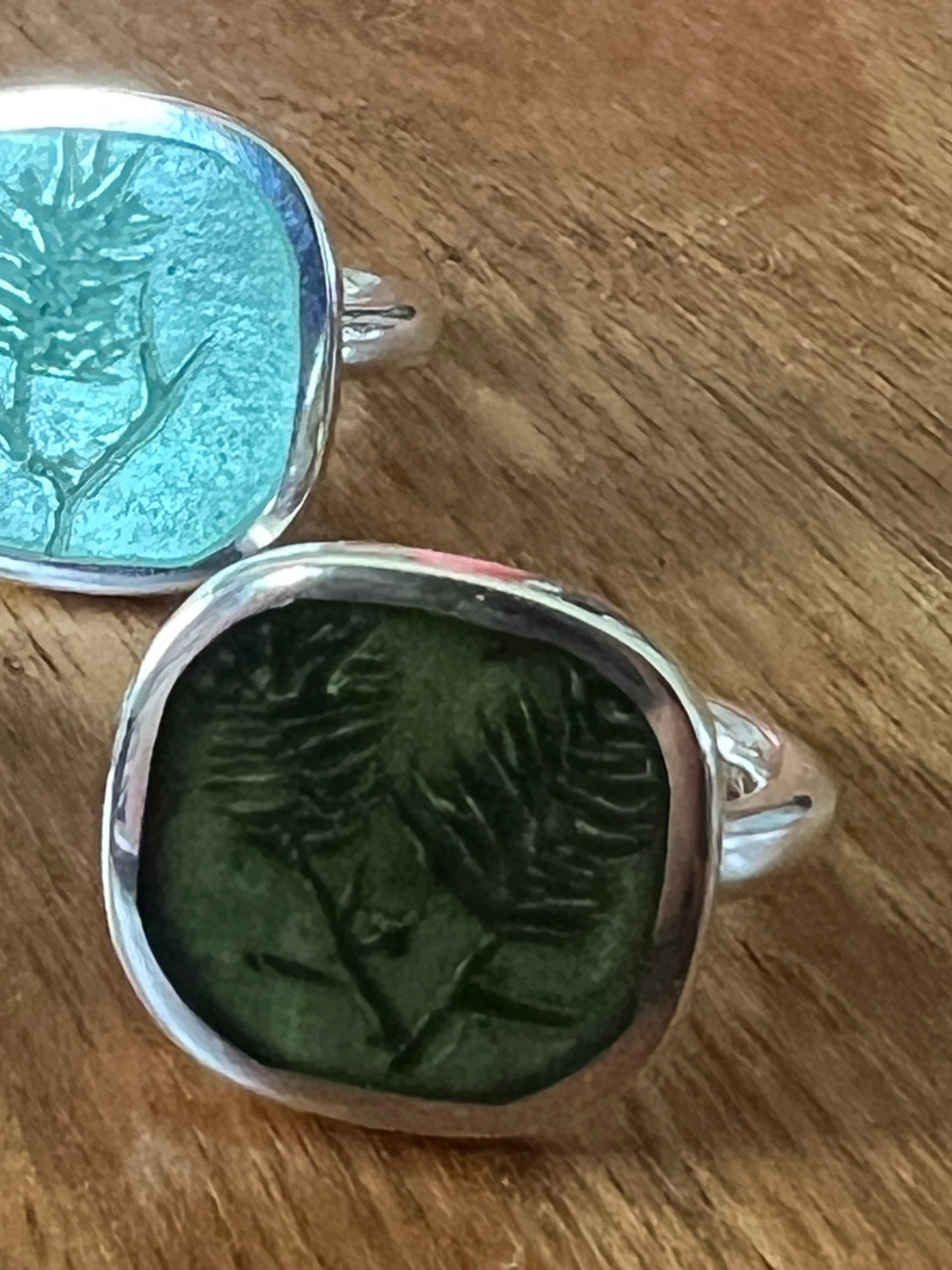 Christine Battocchio Olive Green resin and silver Botanical ring